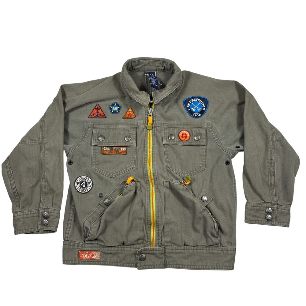 Vintage Gap Utility Jacket Boys Small 5-6 Green 00s Y2K Khaki Patches Peace Team